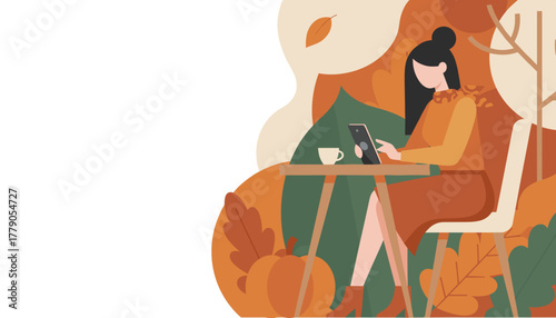 Woman using tablet outdoors in cozy autumn setting with pumpkin leaves and coffee Copy space