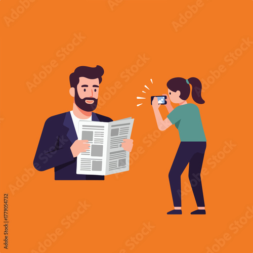 A bearded man reading a newspaper is being photographed by a woman with a phone, flash
