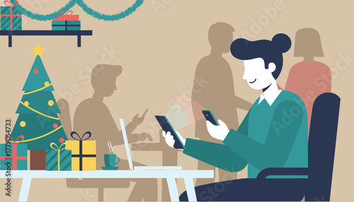 Worker using phone and laptop at an office desk decorated for Christmas Holiday work and modern technology