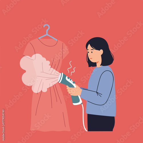 A person uses a garment steamer on a dress. The dress hangs on a hanger. The scene is stylized