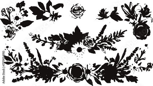 This section features individual floral clusters, including a small rose silhouette. The simplicity of these isolated elements emphasizes their unique 