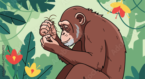 Brown ape examines strands of hair in jungle setting, with flowers and leaves