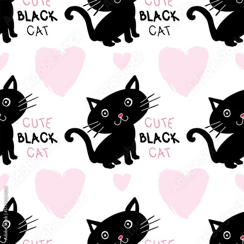 Seamless pattern with cute black cats and hearts. Vector illustration.