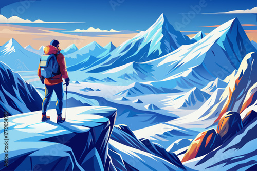Panoramic view of climber standing on top of snowy mountain range, adventure travel scene, extreme winter sports concept, and inspiring scene of outdoor exploration in high mountain nature.