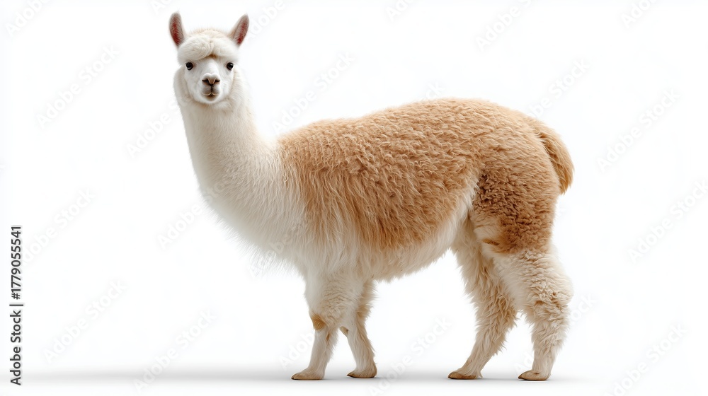 Fototapeta premium Cute alpaca standing in a bright, white setting with fluffy fur and curious expression