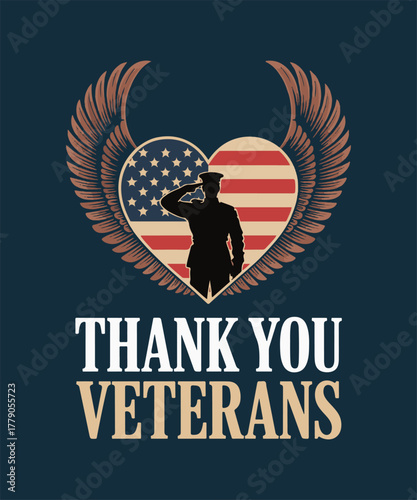 American Patriotic Heart Flag with Soldier Silhouette, Eagle Wings, and “Thank You Veterans” Text