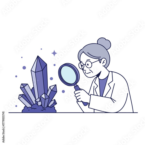 A scientist examines large crystals with a magnifying glass. Clean, modern illustration with a white background