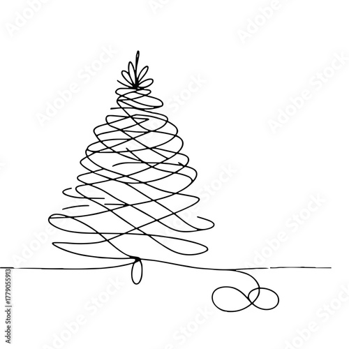 Minimalist Christmas tree with pendant Christmas Ornaments outline / minimal linear vector thin line