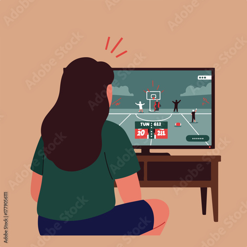 A person watches a basketball video game on TV, sitting cross-legged, absorbed in the action
