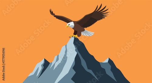 Bald eagle perched on mountain peak, wings spread, with orange sky