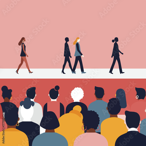 Illustration of a fashion show with models walking a runway while a crowd watches. Diverse audience
