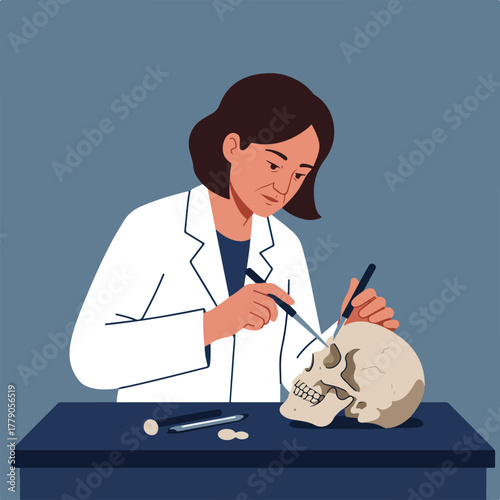 A lab-coated woman examines a human skull with tools on a table, detailed, flat illustration