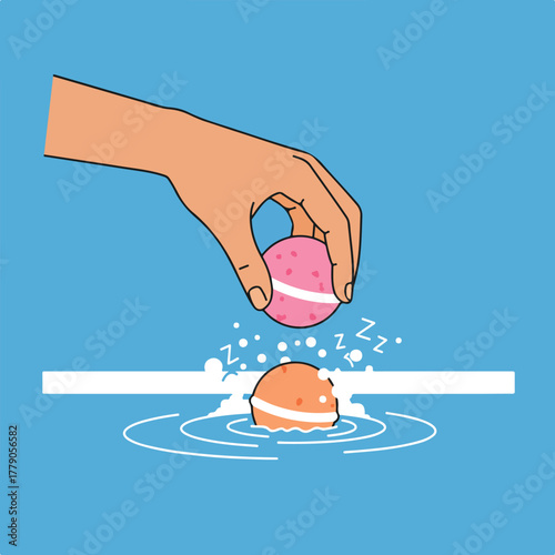 A hand places a bath bomb into water, with another in the water. Zzz's and ripples abound