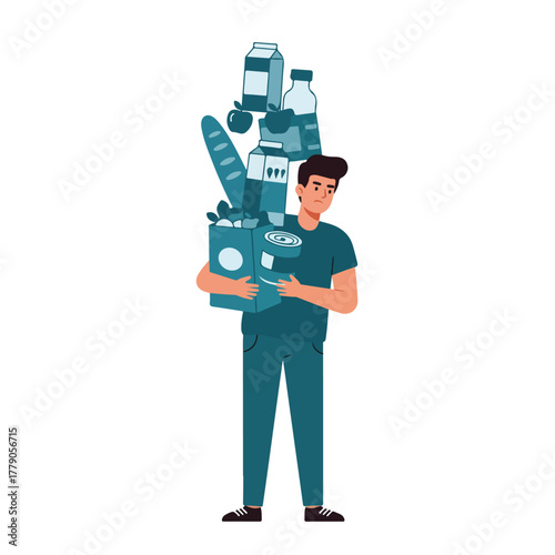 A frustrated person holds a heavy shopping bag overflowing with groceries, groceries also precariously stacked above