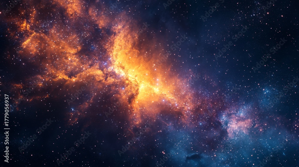 Naklejka premium A stunning view of a vibrant cosmic nebula in space. The colors blend beautifully to create an awe inspiring image that captivates the imagination. Generative AI