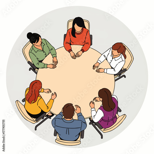 A diverse group of colleagues engage in a collaborative meeting around a circular table, fostering teamwork and open communication.