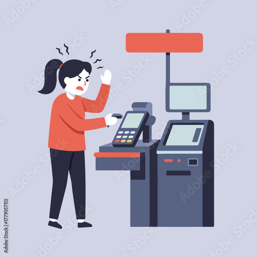 An irate person gestures at a checkout terminal. They appear frustrated with the interface's operation
