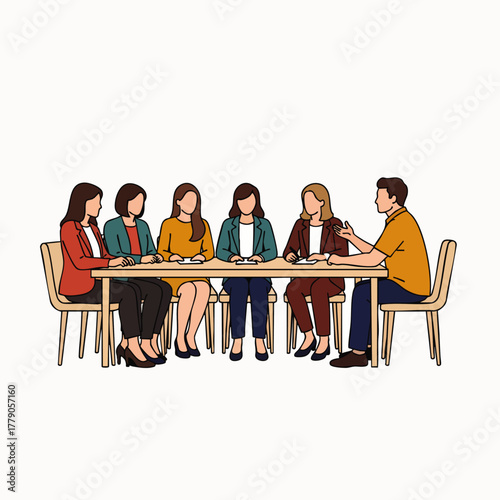A diverse group of business professionals engaged in a collaborative meeting around a table, discussing strategies and ideas for the company's growth.