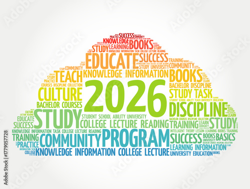 2026 educational word cloud with learning terms like study, teach, educate, discipline, program, community, success, knowledge, books, and training in colorful design