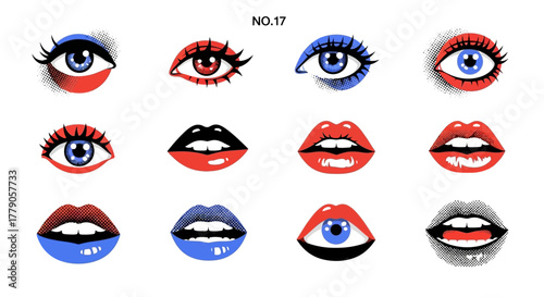 Abstract Graphic Illustration of Colorful Eyes and Lips in a Pop Art Style Display
