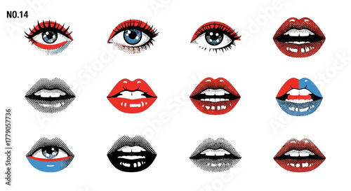 Artistic illustration featuring diverse eye and lip designs on a clean white backdrop, graphic
