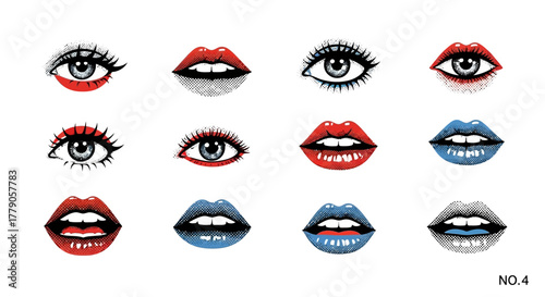 Expressive facial features illustration capturing stylish eyes and lips combinations