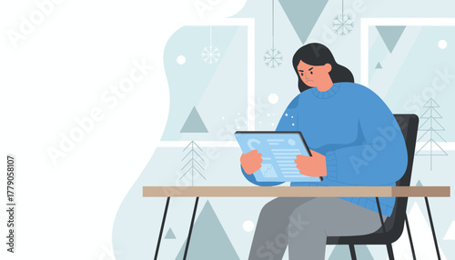 Upset woman studying financial data on a tablet working remotely during the cold winter season