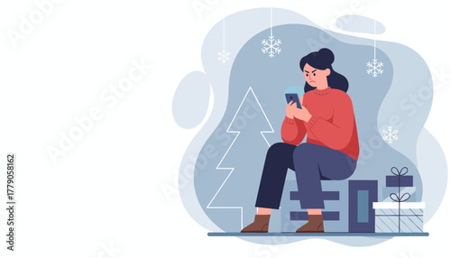 Angry woman using smartphone during winter holidays Stress communication problems or digital frustration