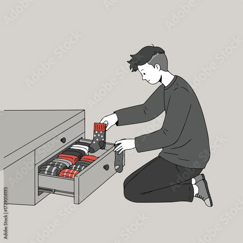 A person, kneeling, organizes socks from an open drawer. The socks are rolled or folded neatly. The artwork is minimalist