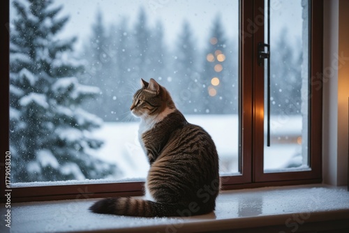 Eine Katze schaut nachdenklich aus dem Fenster auf den Schnee