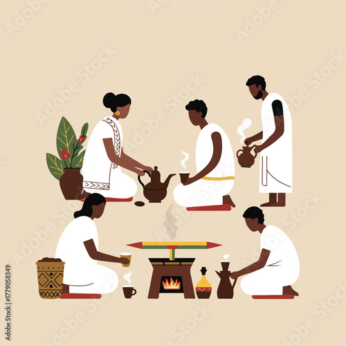 Illustration depicting a traditional coffee ceremony. People in white robes brew & share coffee around a small fire and decorative pot
