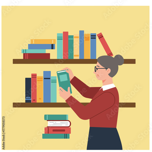 Illustration depicts a woman in glasses and bun selecting a book from a shelf filled with colorful books