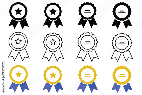 Award medal icon set. Winner or victory badge medal. Contains approved, verified, certified, star, achievement, and first medal. Vector illustration
