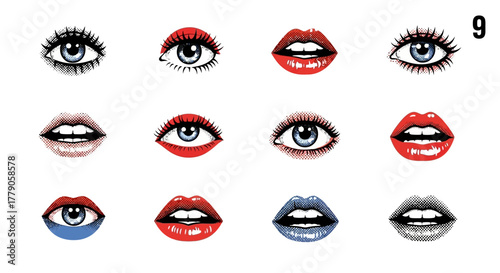 Pop Art Collage of Eyes and Lips in Varied Styles Evoking Vintage Charm and Contemporary Aesthetics
