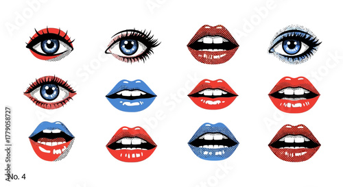 Abstract pop art with graphic representations of blue eyes and red and blue lips on a white