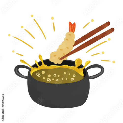 油はねしている揚げ物鍋と海老の天ぷら　水彩風手描きイラスト