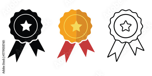 Award medal icon set. Winner or victory badge medal. Contains approved, verified, certified, star, achievement, and first medal. Vector illustration