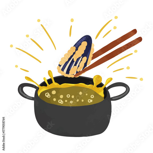 油はねしている揚げ物鍋とナスの天ぷら　水彩風手描きイラスト