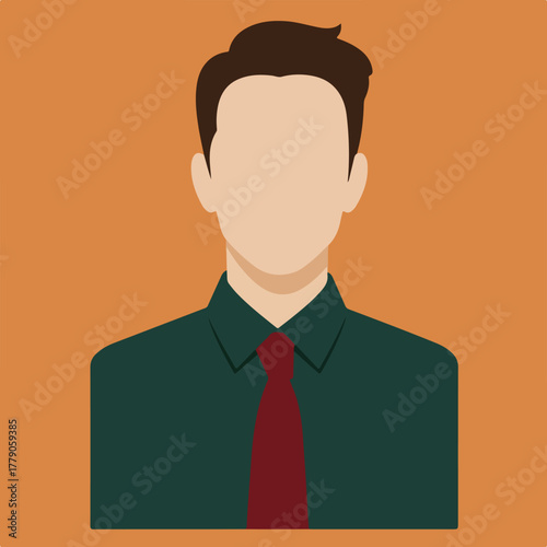 Stylized illustration of a person in a dark green shirt and red tie, faceless against an orange backdrop