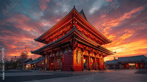 Traditional Japanese temple with vibrant red architecture against dramatic sunset sky, showcasing iconic Asian cultural landmark and tourism destination