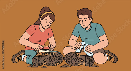 Couple cleaning muddy hiking boots
