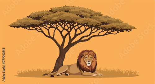 Lion resting under a tree