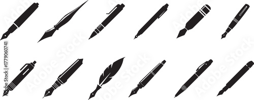 Collection of stylized writing instruments including fountain pens, ballpoint pens, and a quill