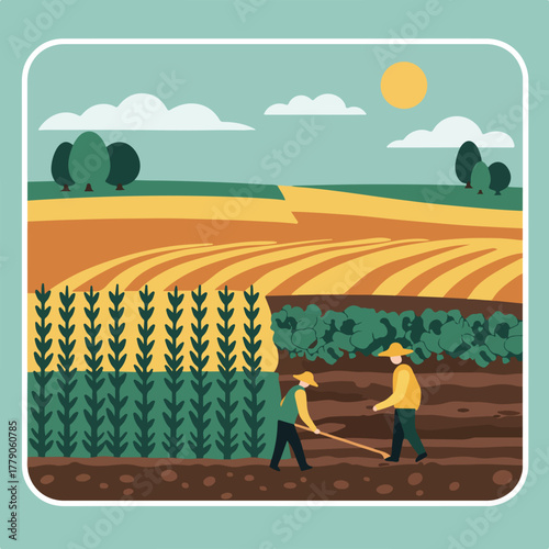 Stylized agricultural scene showing two farmers working in a field with various crops under a blue sky