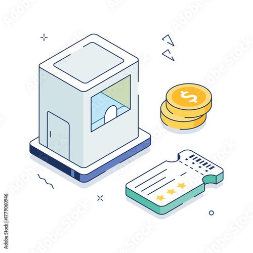 Isometric illustration of a ticket counter with coins and tickets, ideal for event, cinema, or game concepts