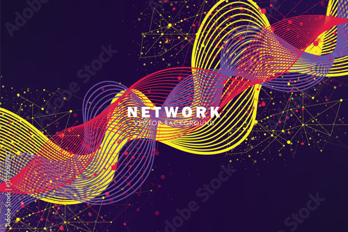 Digital abstract background with connected line and dots, wave flow. Digital neural networks