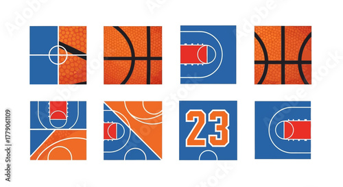 Aesthetic basketball elements vector collection showcasing ball and court segments with number