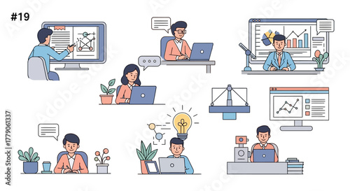 Diverse depiction of contemporary workers engaged in collaborative projects and tasks