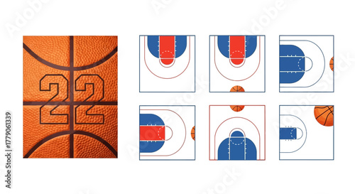 Basketball court compilation and team concept showcases number twenty two design