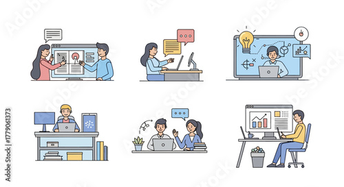 Illustrations of diverse individuals engaging in collaborative work and individual productivity at